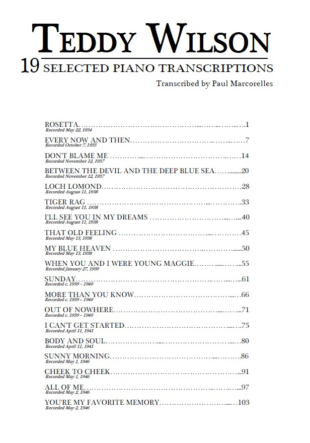 Teddy Wilson – 19 Selected piano solos – book table of contents